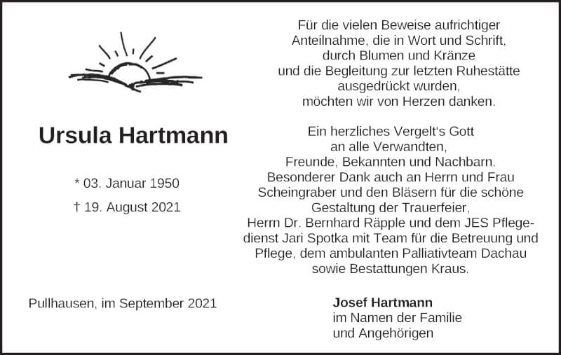  Traueranzeige für Ursula Hartmann vom 18.09.2021 aus merkurtz