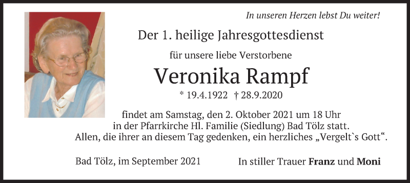  Traueranzeige für Veronika Rampf vom 30.09.2021 aus merkurtz