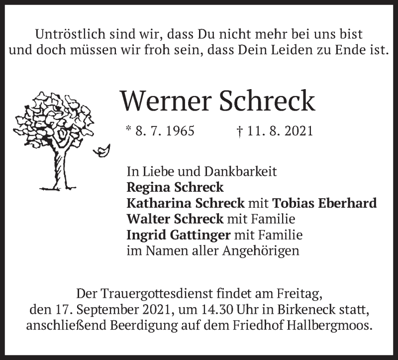  Traueranzeige für Werner Schreck vom 14.09.2021 aus merkurtz