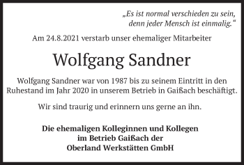 Traueranzeige von Wolfgang Sandner von merkurtz