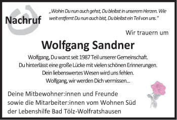 Traueranzeige von Wolfgang Sandner von merkurtz
