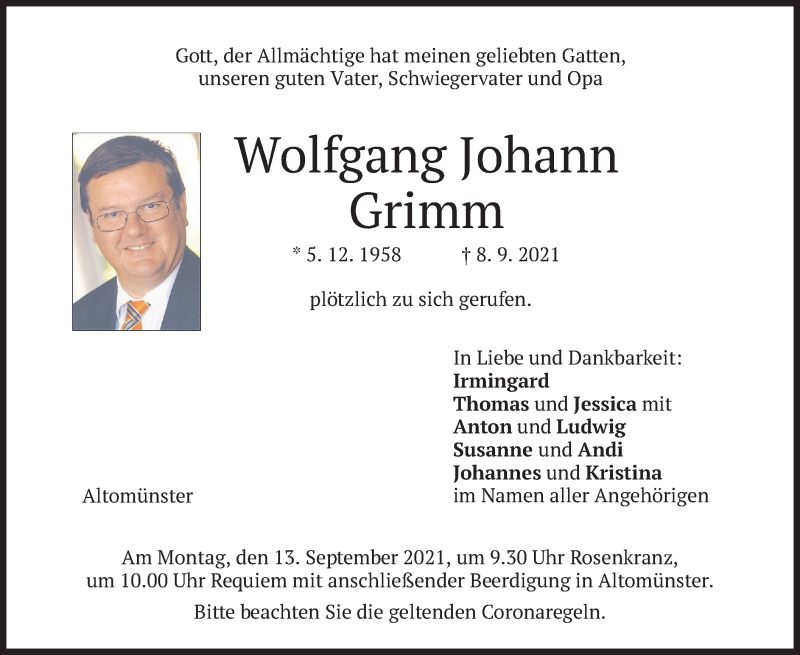  Traueranzeige für Wolfgang Johann Grimm vom 10.09.2021 aus merkurtz
