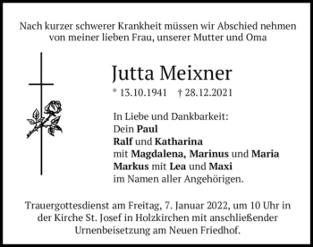 Traueranzeige von Jutta Meixner von merkurtz