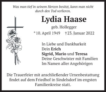 Traueranzeige von Lydia Haase von MERKURTZ