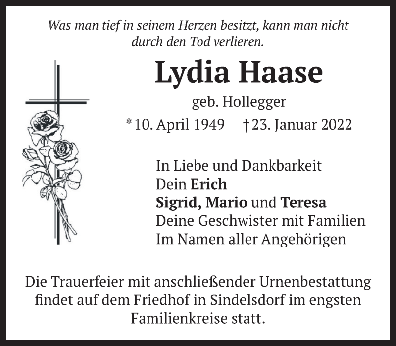  Traueranzeige für Lydia Haase vom 29.01.2022 aus MERKURTZ
