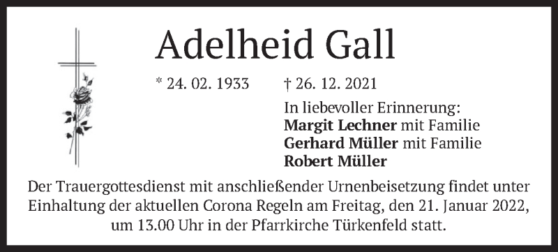  Traueranzeige für Adelheid Gall vom 15.01.2022 aus merkurtz