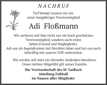 Traueranzeige von Adi Floßmann von merkurtz