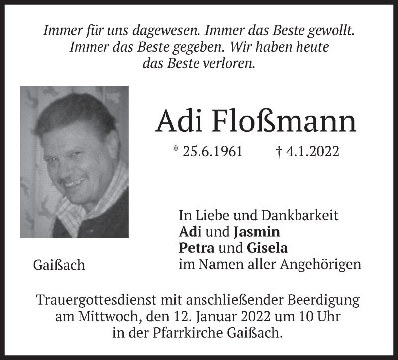  Traueranzeige für Adi Floßmann vom 08.01.2022 aus merkurtz