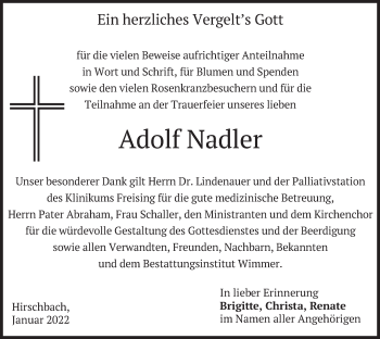 Traueranzeige von Adolf Nadler von merkurtz