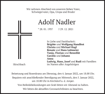 Traueranzeige von Adolf Nadler von merkurtz