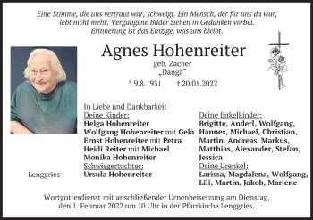 Traueranzeige von Agnes Hohenreiter von merkurtz