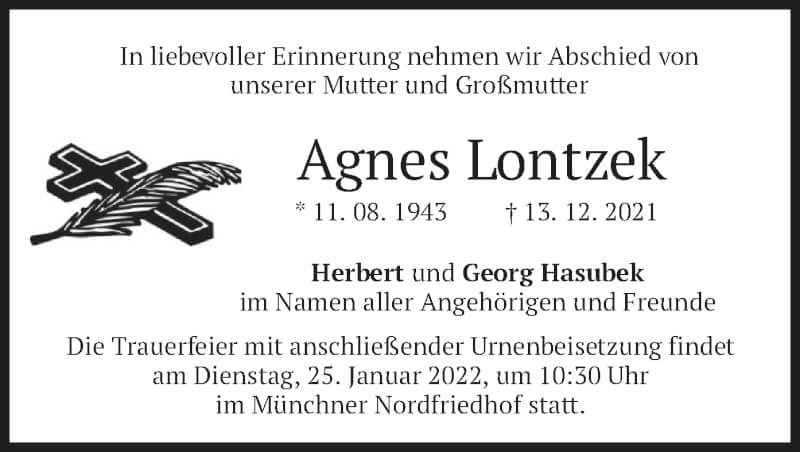  Traueranzeige für Agnes Lontzek vom 22.01.2022 aus merkurtz