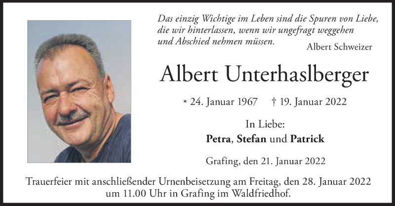  Traueranzeige für Albert Unterhaslberger vom 21.01.2022 aus merkurtz