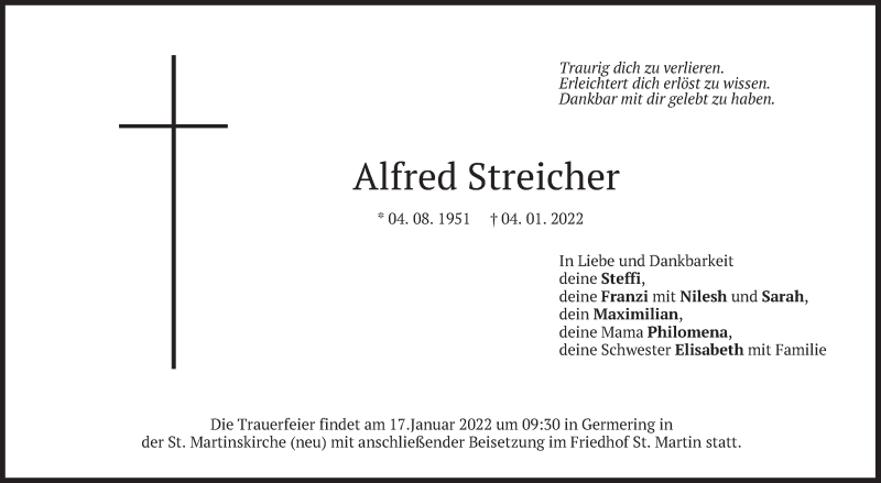  Traueranzeige für Alfred Streicher vom 12.01.2022 aus merkurtz