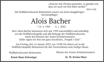 Traueranzeige von Alois Bacher von merkurtz