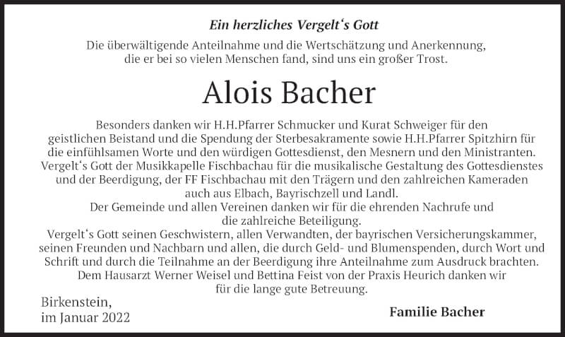  Traueranzeige für Alois Bacher vom 22.01.2022 aus merkurtz