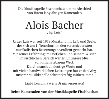 Traueranzeige von Alois Bacher von merkurtz