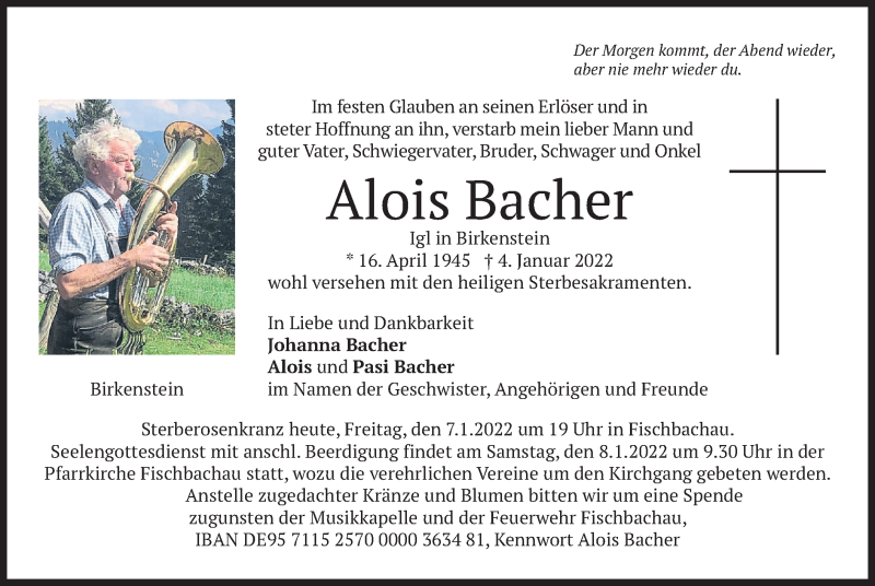  Traueranzeige für Alois Bacher vom 07.01.2022 aus merkurtz