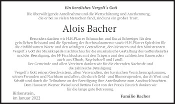 Traueranzeige von Alois Bacher von merkurtz
