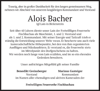 Traueranzeige von Alois Bacher von merkurtz