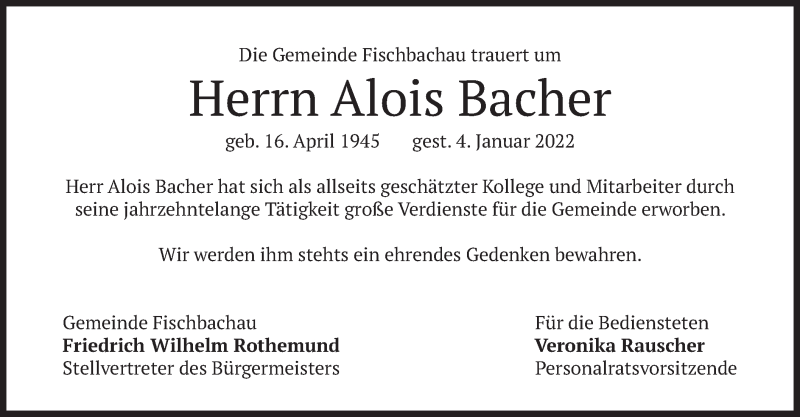  Traueranzeige für Alois Bacher vom 07.01.2022 aus merkurtz