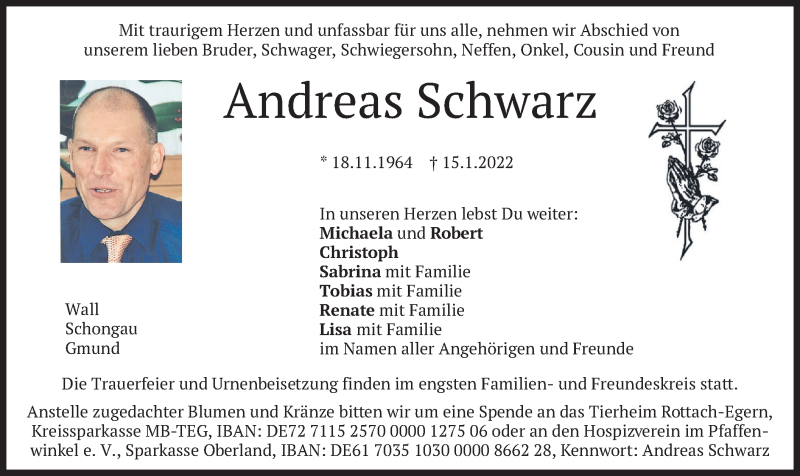  Traueranzeige für Andreas Schwarz vom 29.01.2022 aus merkurtz