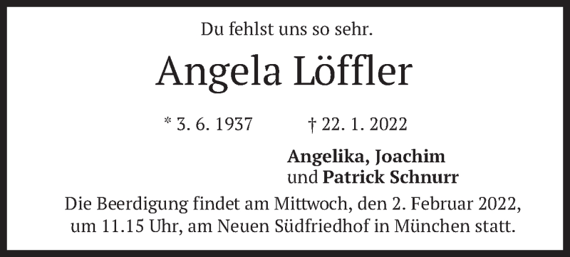  Traueranzeige für Angela Löffler vom 28.01.2022 aus merkurtz