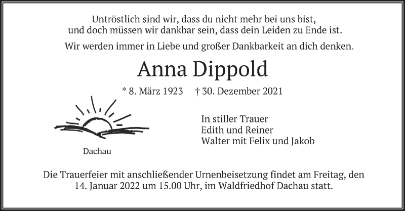 Traueranzeige für Anna Dippold vom 08.01.2022 aus merkurtz