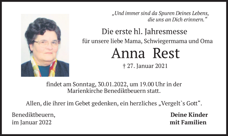  Traueranzeige für Anna Rest vom 27.01.2022 aus merkurtz