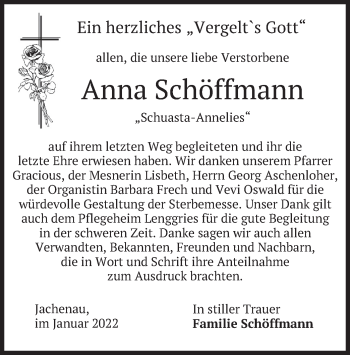 Traueranzeige von Anna Schöffmann von merkurtz