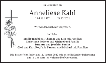 Traueranzeige von Anneliese Kahl von merkurtz