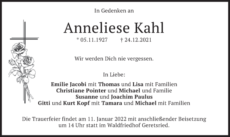  Traueranzeige für Anneliese Kahl vom 08.01.2022 aus merkurtz