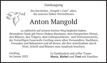Traueranzeige von Anton Mangold von merkurtz