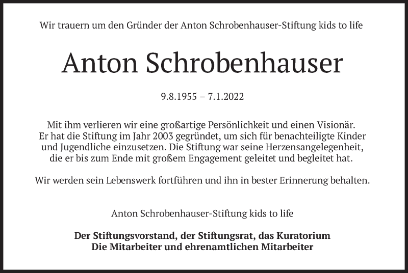  Traueranzeige für Anton Schrobenhauser vom 14.01.2022 aus merkurtz