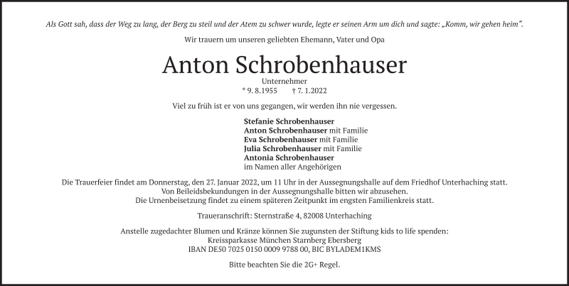  Traueranzeige für Anton Schrobenhauser vom 12.01.2022 aus merkurtz