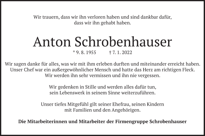  Traueranzeige für Anton Schrobenhauser vom 12.01.2022 aus merkurtz