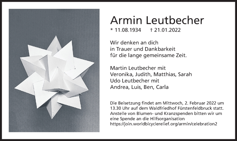  Traueranzeige für Armin Leutbecher vom 29.01.2022 aus merkurtz