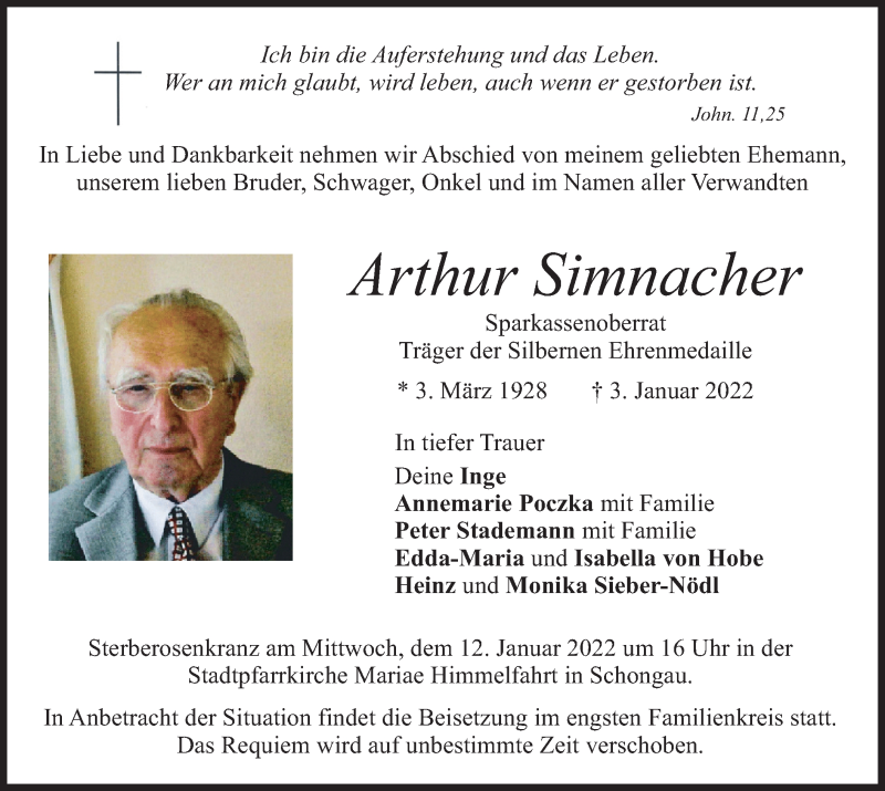  Traueranzeige für Arthur Simnacher vom 11.01.2022 aus merkurtz