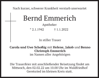 Traueranzeige von Bernd Emmerich von merkurtz