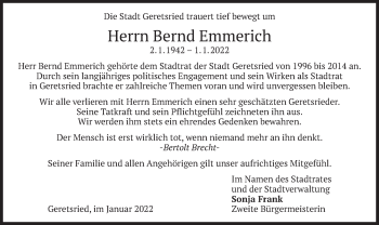 Traueranzeige von Bernd Emmerich von merkurtz