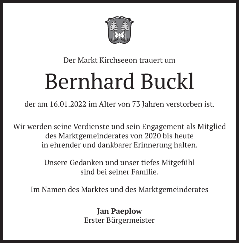  Traueranzeige für Bernhard Buckl vom 20.01.2022 aus merkurtz