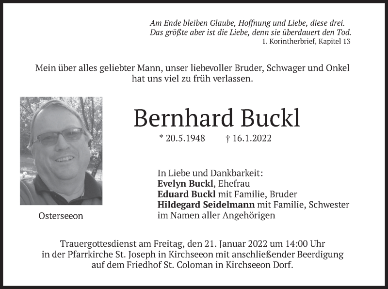  Traueranzeige für Bernhard Buckl vom 19.01.2022 aus merkurtz