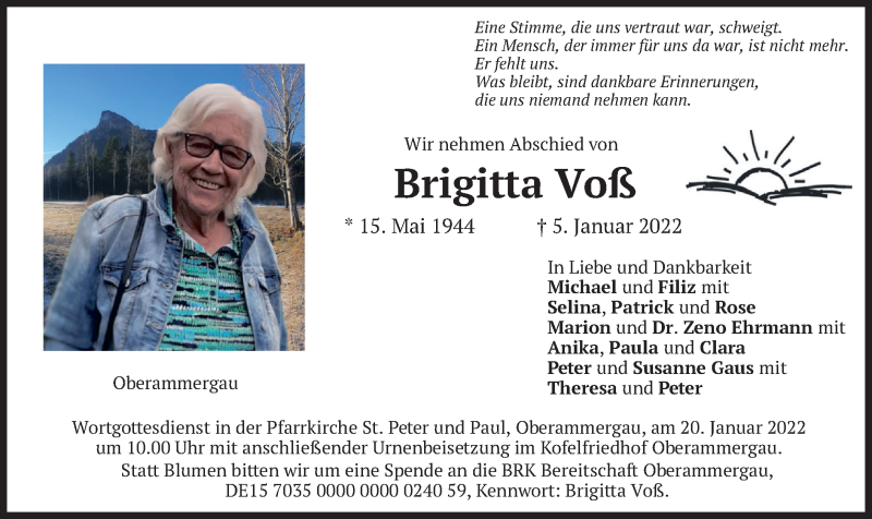  Traueranzeige für Brigitta Voß vom 15.01.2022 aus merkurtz