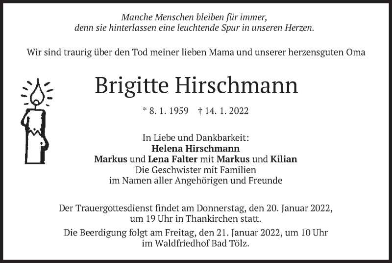  Traueranzeige für Brigitte Hirschmann vom 19.01.2022 aus merkurtz