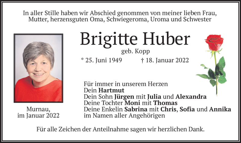  Traueranzeige für Brigitte Huber vom 29.01.2022 aus merkurtz