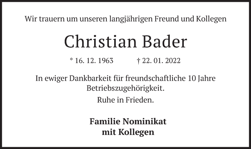  Traueranzeige für Christian Bader vom 29.01.2022 aus merkurtz