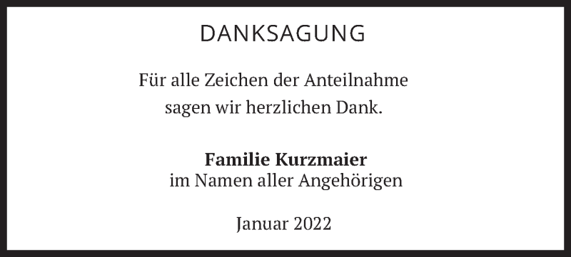  Traueranzeige für Danksagung  vom 15.01.2022 aus merkurtz