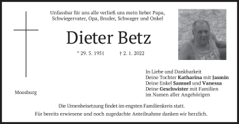 Traueranzeige von Dieter Betz von merkurtz