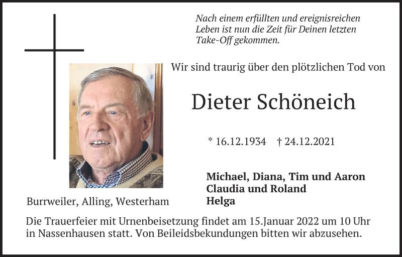  Traueranzeige für Dieter Schöneich vom 05.01.2022 aus merkurtz