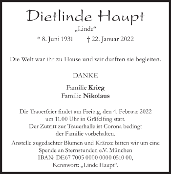 Traueranzeige von Dioetlinde Haupt von merkurtz